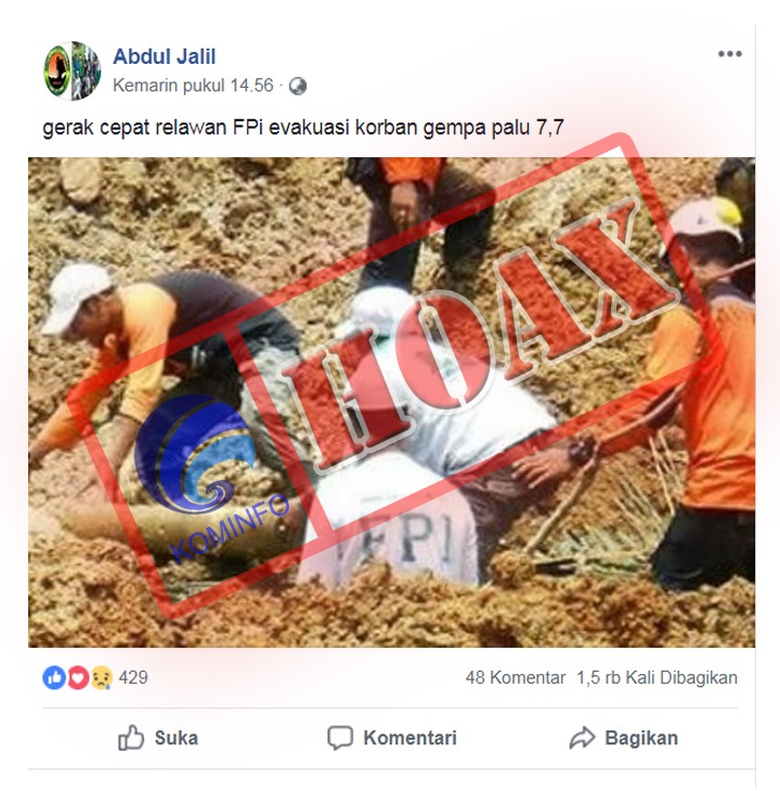 Kemkominfo: Gambar Evakuasi korban gempa Palu yang Disebut Relawan FPI, Hoaks